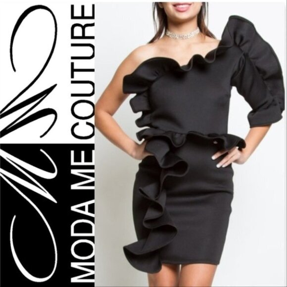 Womens Elegant GLAMOUR GIRL Ruffled Detailed Little Black Mini Dress - Picture 4 of 5